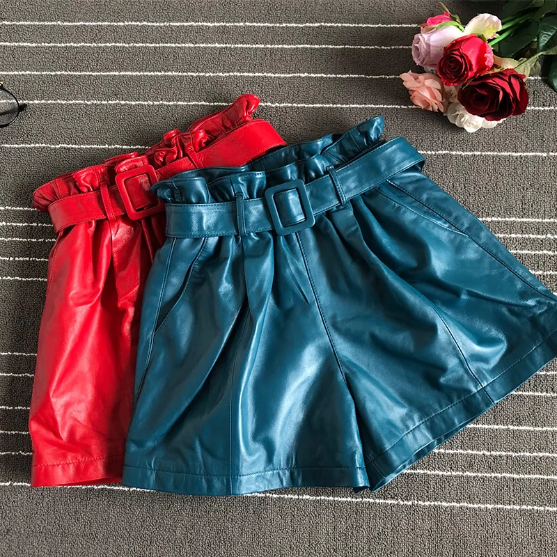 2019 Autumn women's sheepskin wide-leg Shorts Chic belt real leather high-waist short trousers A711