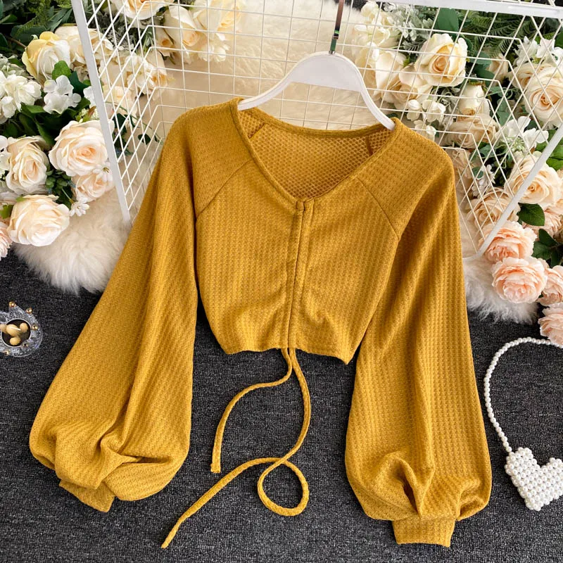 Узкие Короткие топы с пышными рукавами в европейском и американском стиле