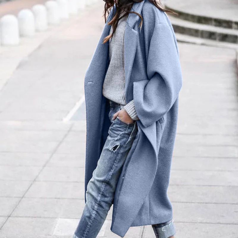 

2021 Autumn Winter Elegant Fashion Women Soild Long Outwear Casual Thick Warm Long Sleeve Lapel Collar Woolen Coat Plus Size 4XL