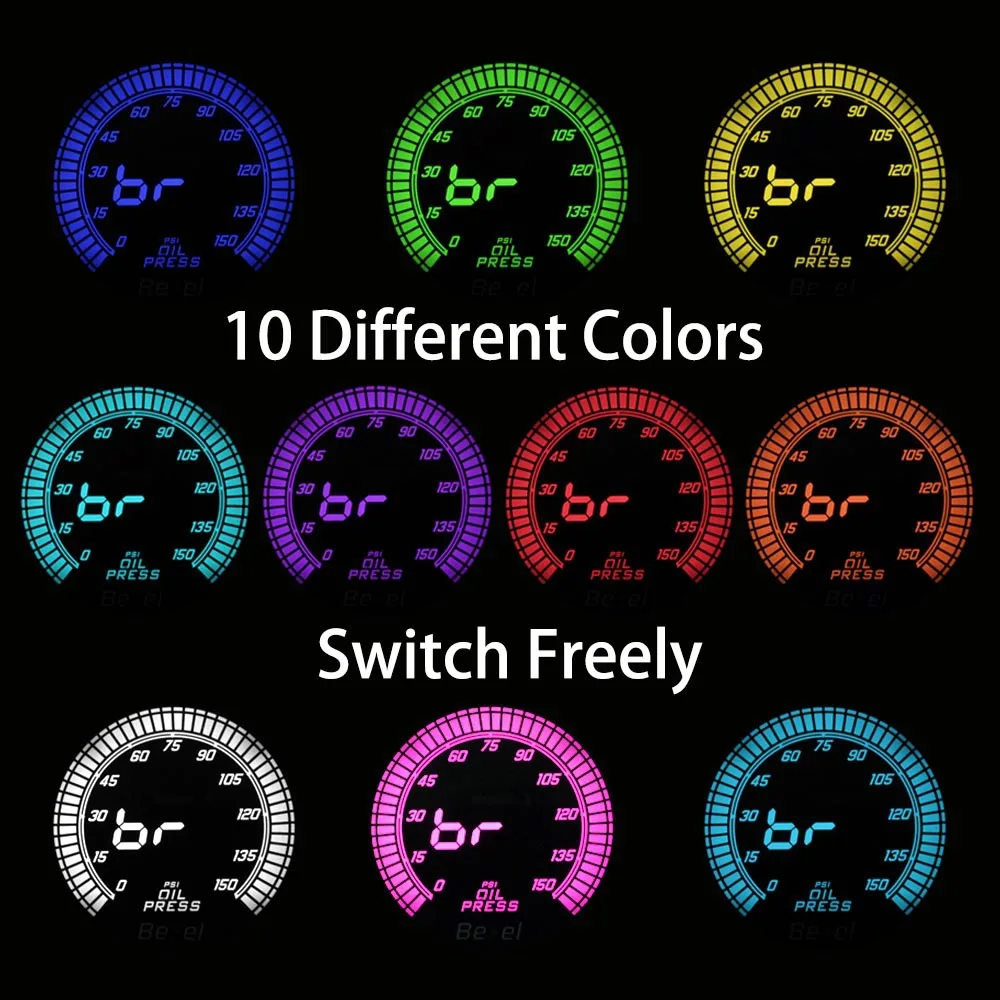 

2'' 52mm Car Oil Press Pressure Gauge Meter Digital & Pointer 10 Color LED Display 0-150 PSI Sensor