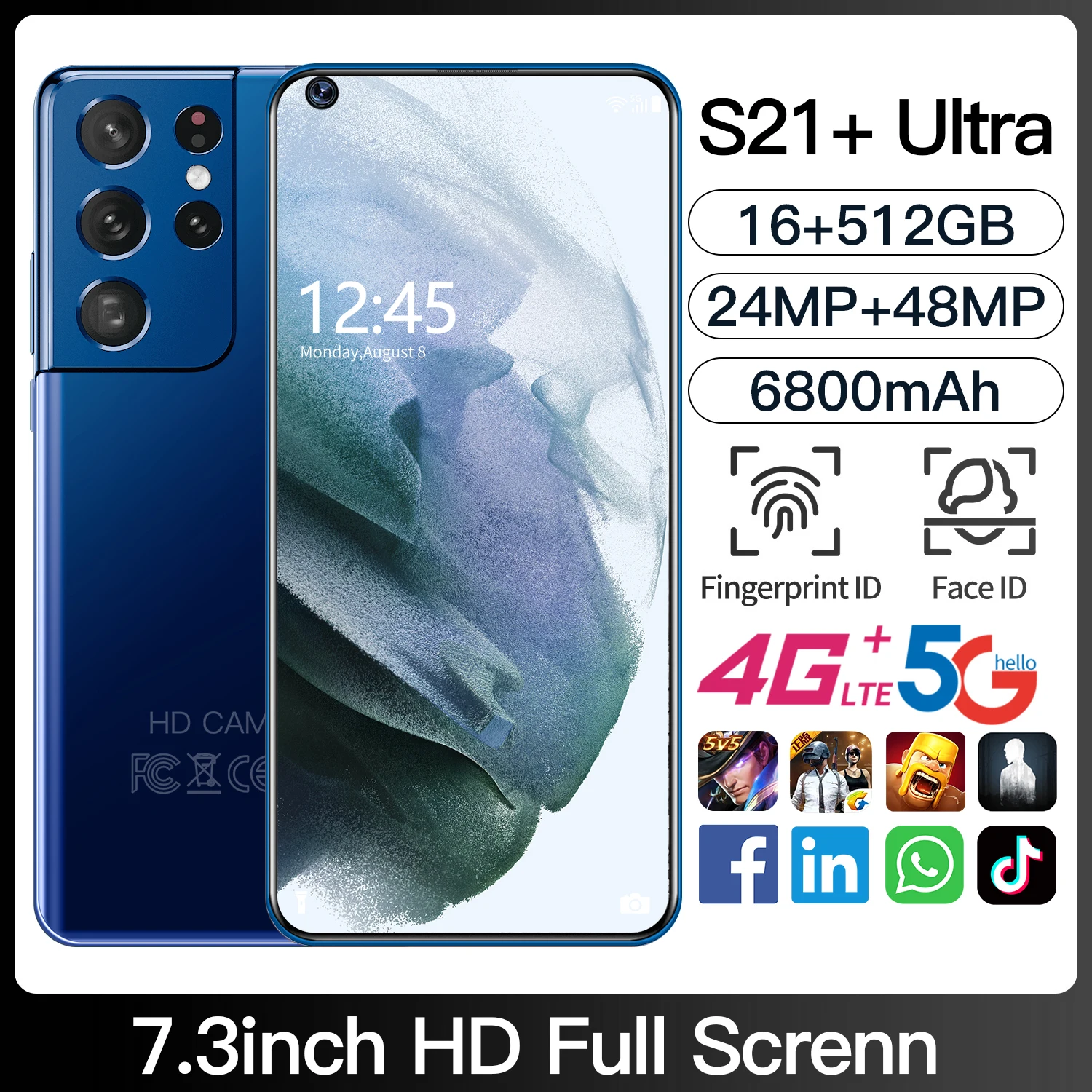 

Global Version S21+Uitra 7.3 Inch Smartphone 16G +512G ROM 6800mAh Large Battery Android Full Display Dual SIM 4G/5G Call Phone
