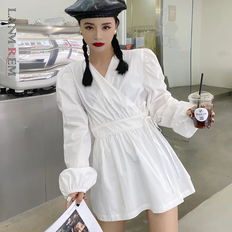 LANMREM женское платье-рубашка милая блузка с v-образным вырезом Длинные Пышные