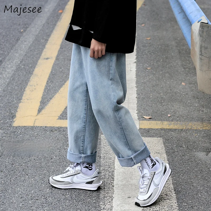 

All-match Casual Jeans Men Denim Fashion Teens Harajuku Streetwear Popular Loose Chic Japanese Style Daily Solid Straight Simple
