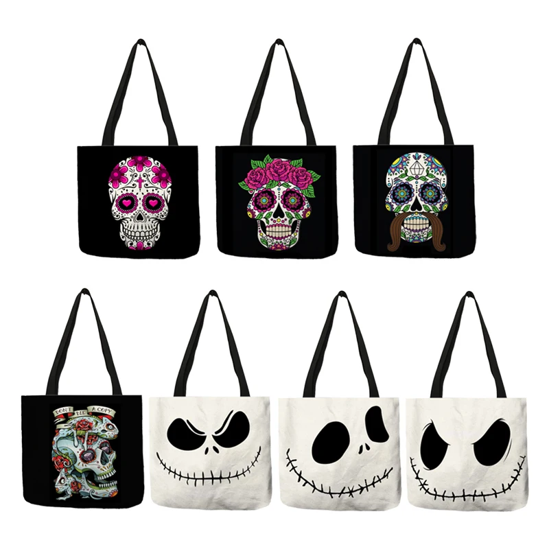 

Floral Skull Tote Bag Day Of the Dead Halloween Handbags For Women Reusable Shopping Bags Traveling Totes Double Side Print