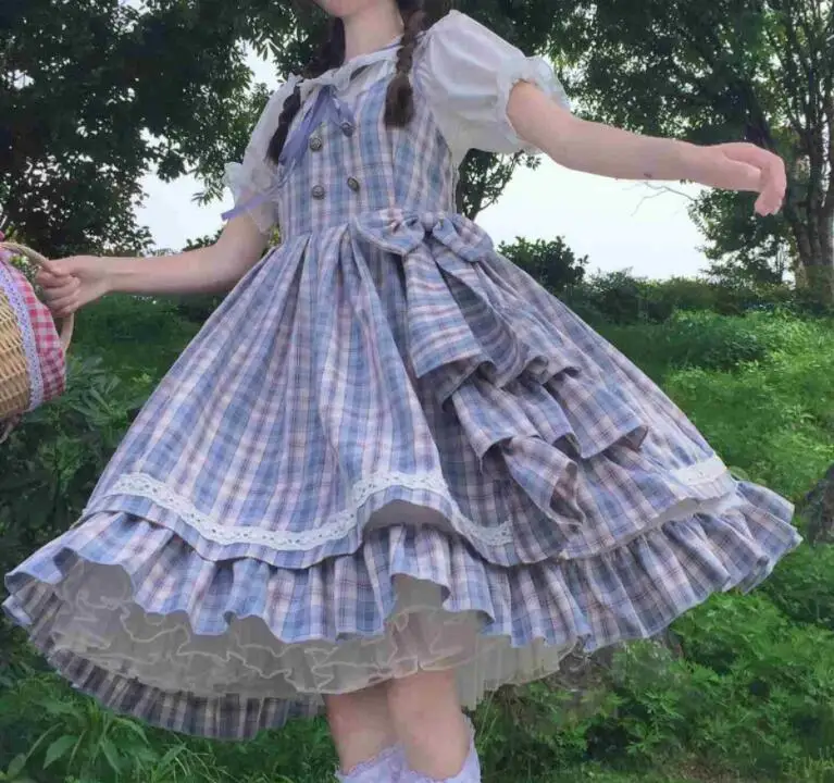 

Mothybot Garden Lolita Dress Navy Collar Plaid Bow Vest Ruffled Fresh For Girl
