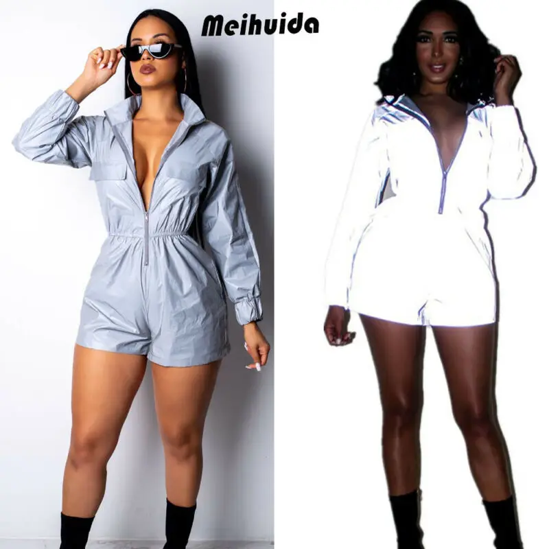 

Fashion Women Reflective 2Pcs Outfits Crop Tops Long Pants Sets 2019 New Reflective Two Piece Clubwear Jumpsuit Playsuit
