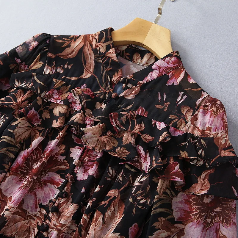 

European and American women's clothing spring 2021 new Long sleeve lantern sleeve stand collar flower print flounces dress