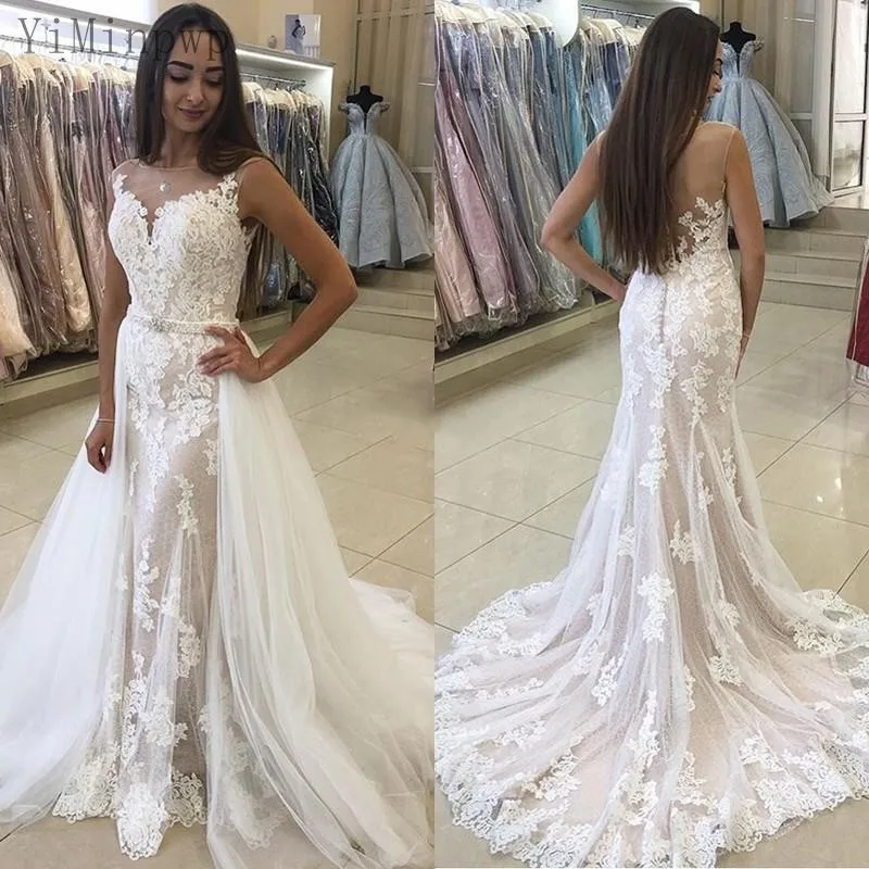 

2020 Lace Mermaid Wedding Dresses With Detachable Train Sheer Neck Illusion Bodice Garden Country Bridal Gowns robes de mariée