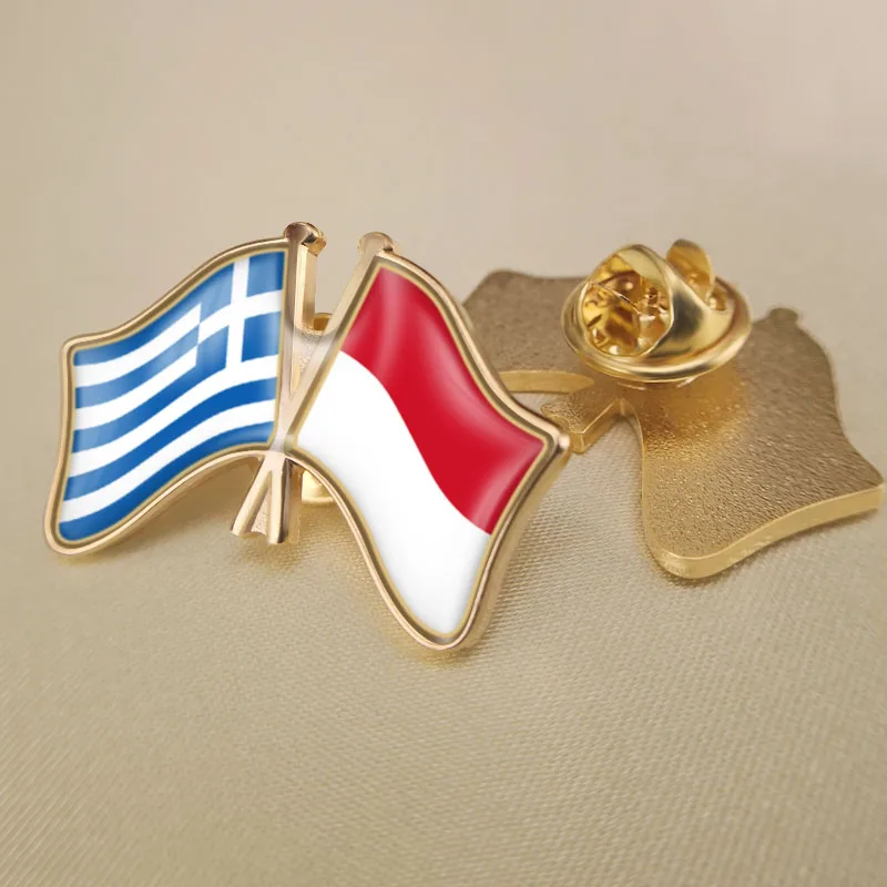 

Greece and Indonesia Crossed Double Friendship Flags Lapel Pins Brooch Badges