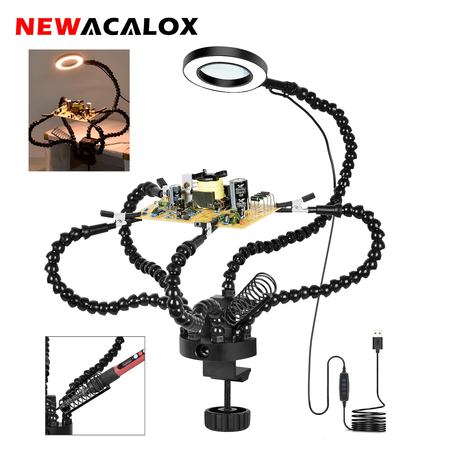 

NEWACALOX Soldering Third Hand Tool with 3X LED Magnifying Glass Desk Clamp Flexible Arm Helping Hands PCB Holder Welding Repair