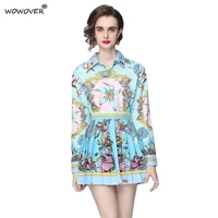 spring autumn fashion runway suit women long sleeve vintage print shirthigh waist pleated skirt 2piece clothing set outtfit