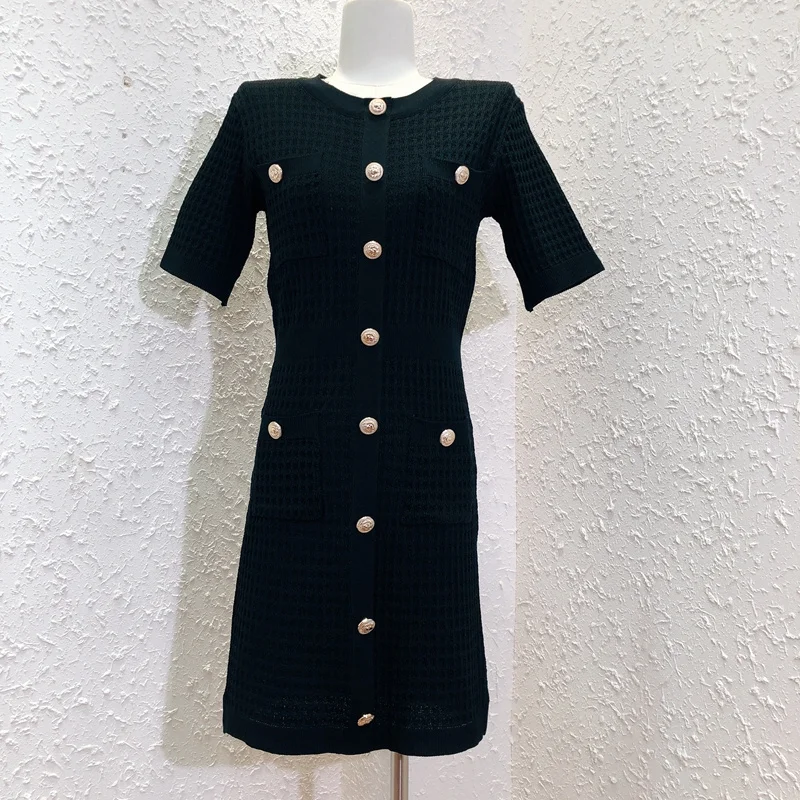 

2021 Summer Black Club Women'S Party Mini Dress Japanese And Korean Fashion Elegant Button Pocket Knitted Round Neck Dress