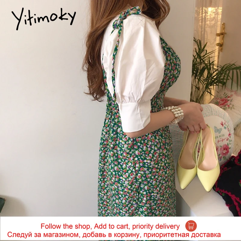 

Yitimoky 2 Piece Set Women Tops Short Puff Sleeve O-Neck Print Floral Sheath Slit Skirt Button Casual Summer 2021 Fashion