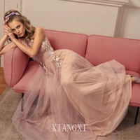 vestidos champagne evening dresses 2020 tulle a line o neck sleeveless formal party dress evening gowns robe de soiree