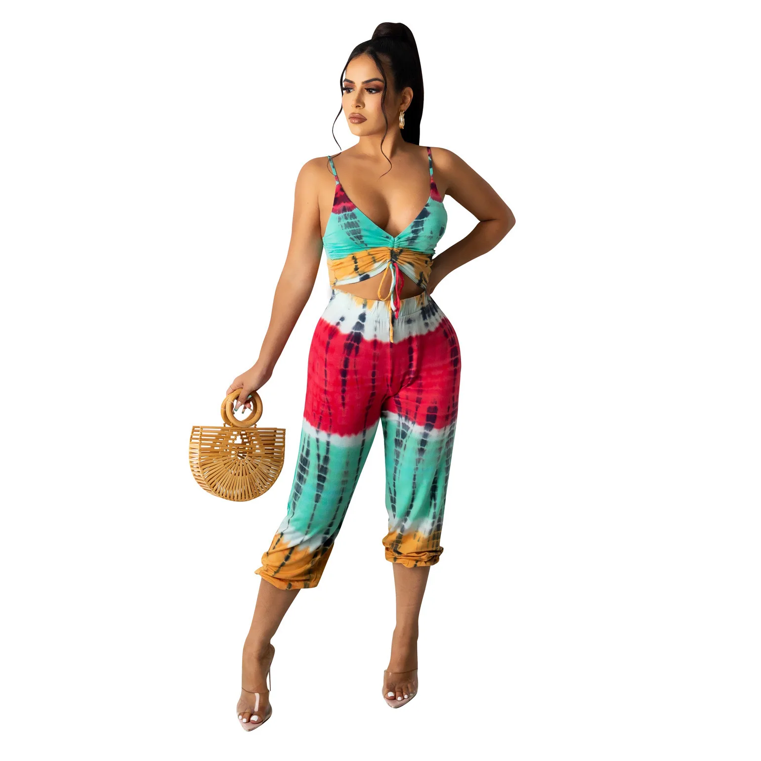 

Женский комбинезон на бретелях с открытой спиной, Облегающий комбинезон с рюшами и принтом в уличном стиле