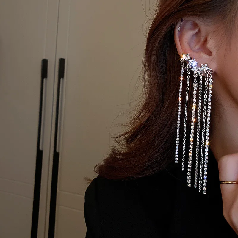 

needles with diamonds five-pointed star tassel earrings earrings one single European and American fashion exaggerated earrings