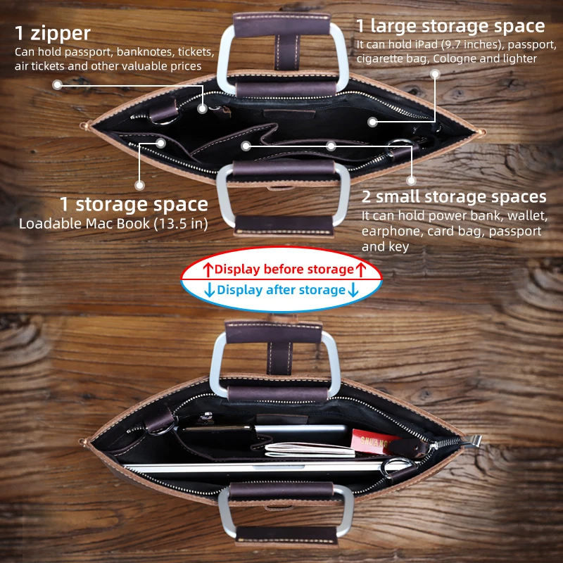 Crazy Horse Leather Laptop Bag Zipper Briefcase Genuine Leather 13 Inch Messenger Office Business Bags For Men