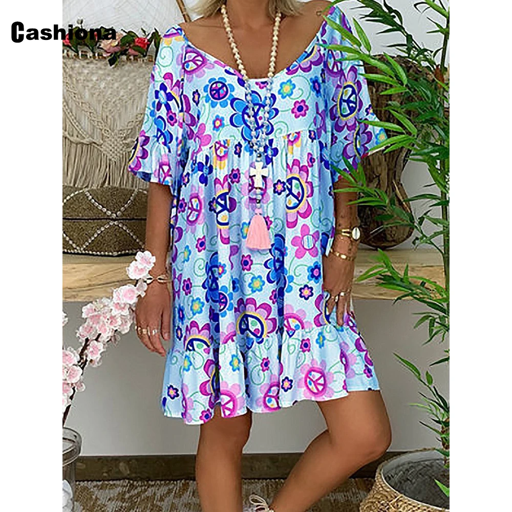 

2020 Summer New Fashion Womens Dress Plus Size 5xl Casual Short Sleeve V-neck Bohemian Dresses Fashion Print Knee Length Dress