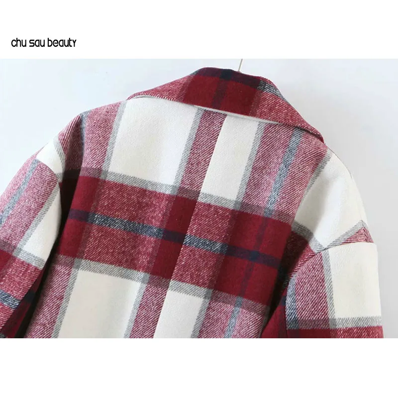 

Women 2020 Fashion Single Breasted Plaid Woolen Coat Vintage Long Sleeve Pockets Female Outerwear Chic Overcoat C140
