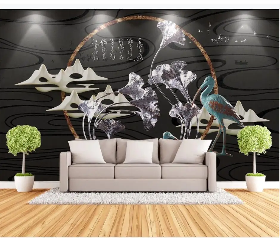 

AINYOOUSEM Chinese style black landscape water lily crane back wall papier peint papel de parede wallpaper 3d wallpaper stickers