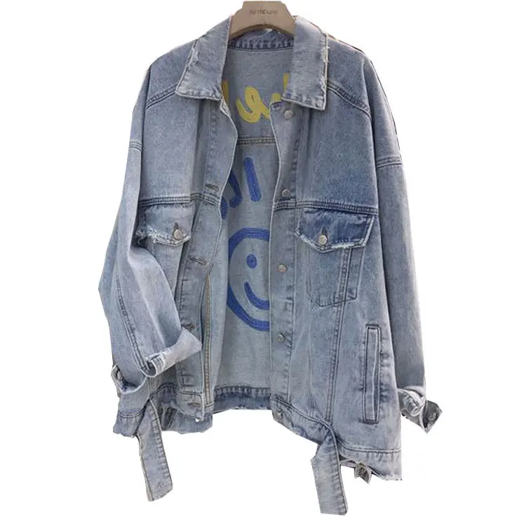 

Korean Style Heavy Smiling Face Embroidery Loose Long Sleeved Oversized Denim Jacket Alternative Harajuku