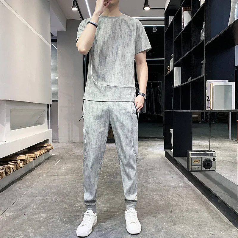 

Summer Casual Short Sleeve suit men's T-shirt simple fashion comfortable breathable ice elastic Capris suit fashion