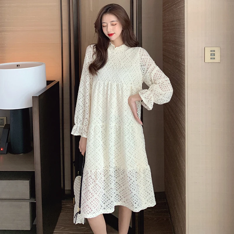 

Black Lace Hollow Out Sexy Midi Dress 2022 Women Casual Loose Gothic Night Vestidos Autumn Winter White Elegant Party Maxi Dress