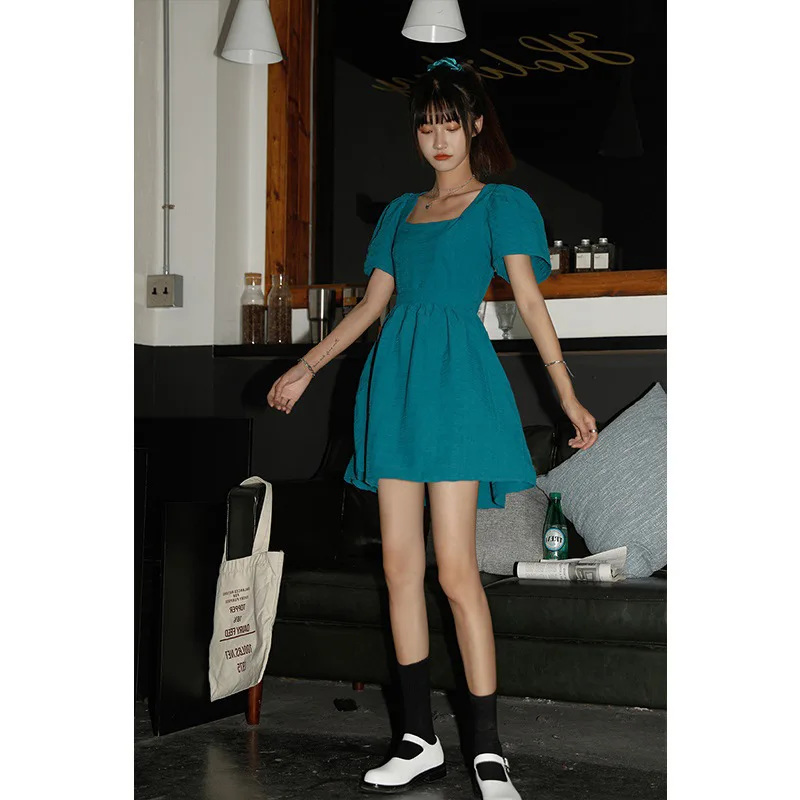 

summer women's dress 2021 Retro High Waist French bubble sleeve short sleeve open back skirt summer lace up square neck skirt
