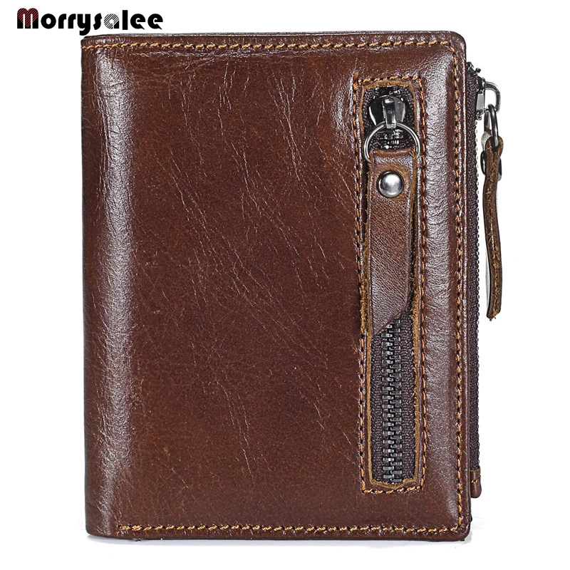 Short Wallet Men's Vintage First Layer Leather Wallet Double Zip Coin Pocket Vertical Wallet Genuine Leather Cow Leather Fashion