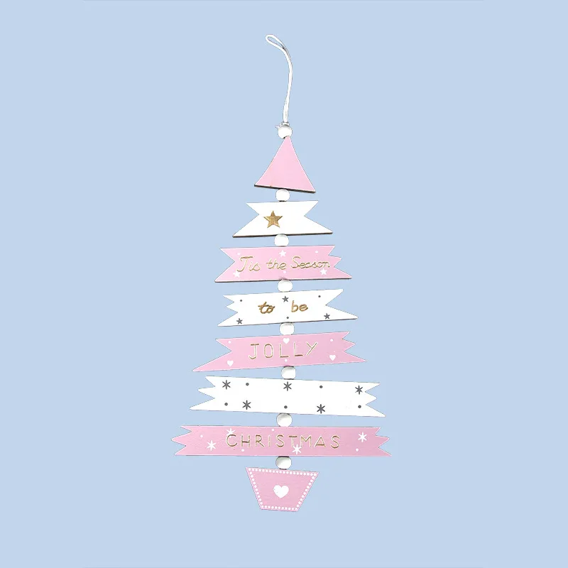 Creative Painted Wooden Christmas Tree Hanging String Christmas Pendant Window Display Ornaments Xmas Party Decors Kids Gift Toy - Цвет: Style 1 Pink