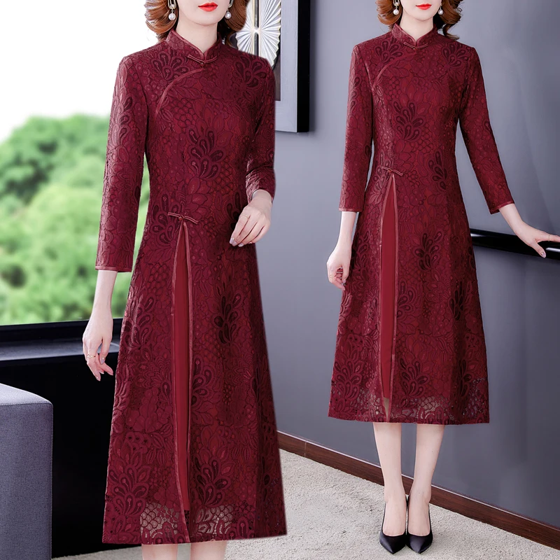 

COIGARSAM Women Dress Autumn 2021 New Brief Office Lady Cheongsam Long Sleeve Solid Lace Stand Neck Wine Red Dresses Traf Robe