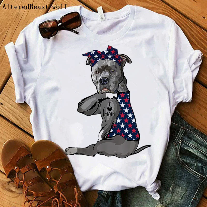 

Summer Pit Bull T-shirt Women 2021 Harajuku I Love Mom American flag print Bandana Mom T shirt Funny Short Sleeve tshirt Clothes