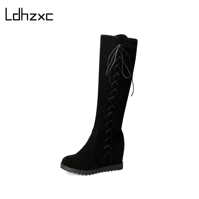 

LDHZXC Classic Women Knee High Boots Wedges High Heels Long Warm Snow Boots Quality High Boots Long Shoes Woman