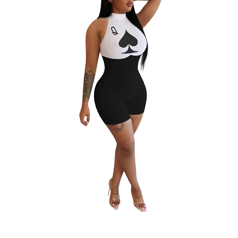

Women’s Casual Vest Style Jumpsuit Fashion Poker Q Printing Slimming Mid Waist Short Jumpsuit Overalls Playsuit