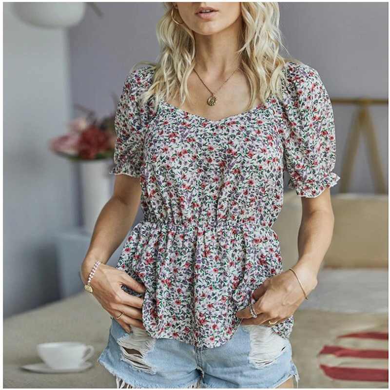 

2020 Summer Style Women Blouse short Sleeve O Neck Slim Fitted Shirts Casual Office printing Lady Blouse Tops Blusa mujer R663