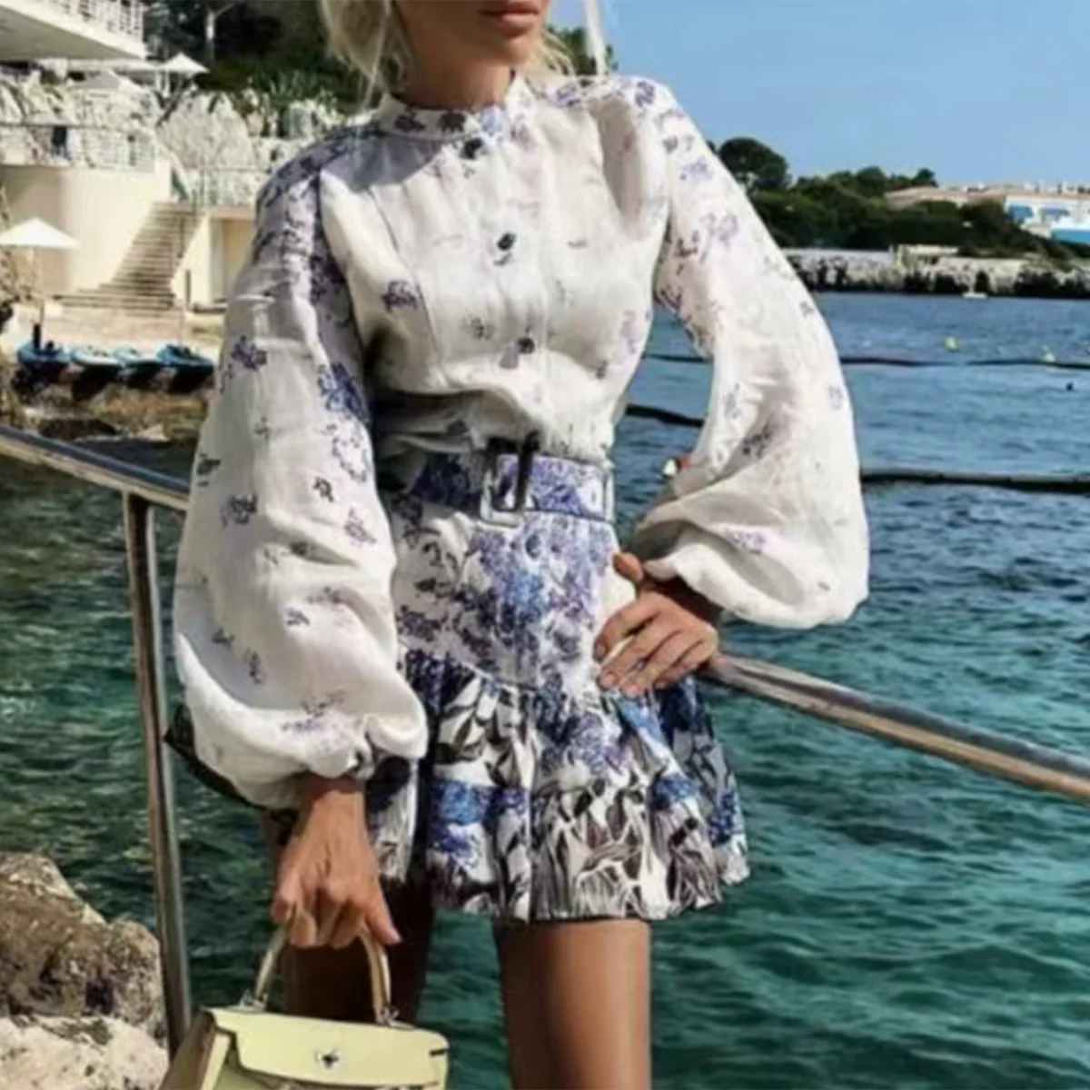 

Pirate Hippie Patchwork Floral Printed Mini Dress Belt Button Blue Ruffle Dresses Vintage Lantern Sleeve Vestidos Bohemain 2021