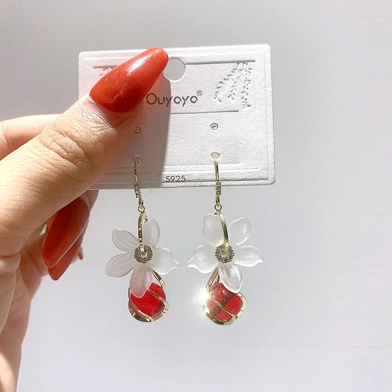 

2021 Korean Gold Drop Earrings For Women Fashion Red Crystal Flower Geometry Round Dangle Earrings Brincos Female Jewelry New