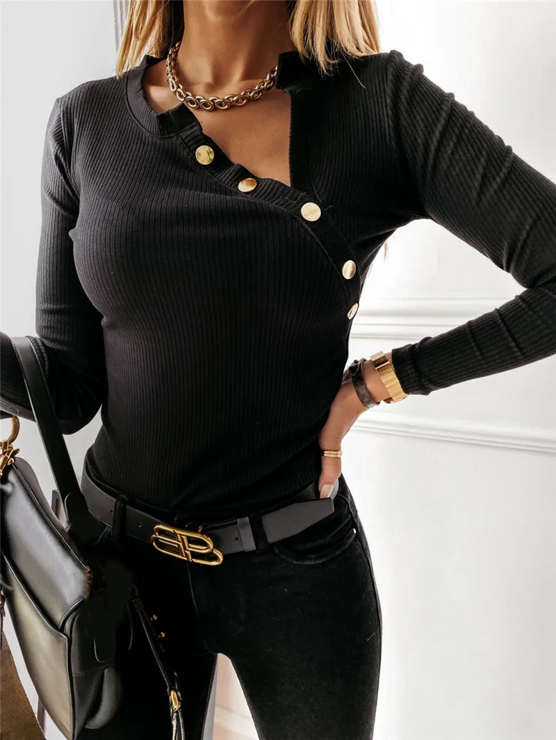 

Solid Tee Shirt Pulovers Tunic Top Female Clothing 2022 Autumn Women's Casual Sexy Hollow Out Bandage V Neck Long Sleeve T-shirt