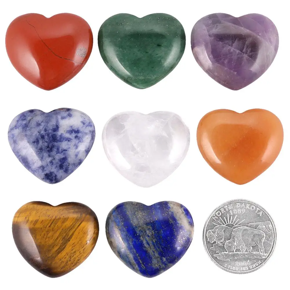 TUMBEELLUWA 1Set(8Pcs) Chakra Healing Crystals Heart Love Carved Palm Worry Stones Reiki Meditation Balancing Home Decor 1.1''
