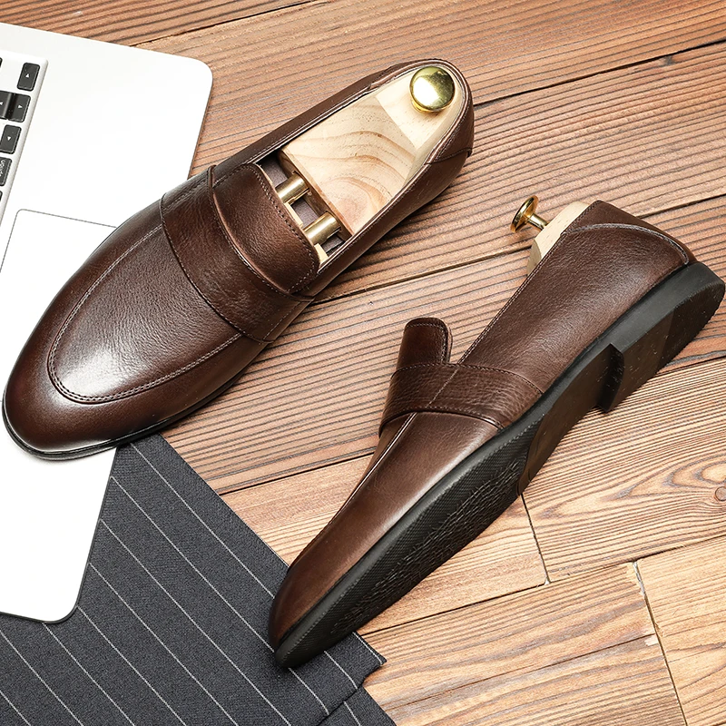 Мужские летние кожаные лоферы Phenkang темно коричневые повседневные кроссовки