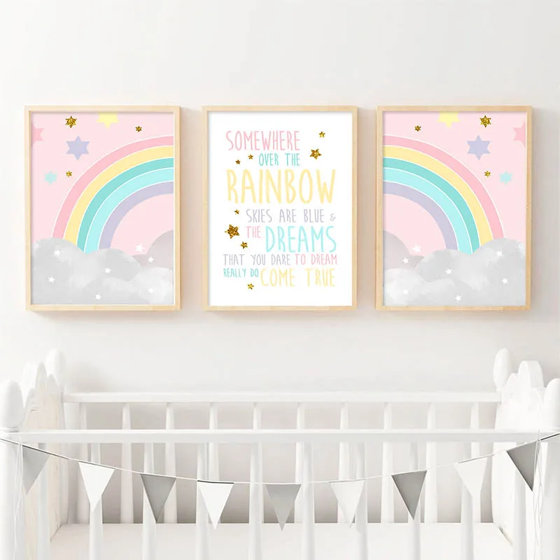 Мультяшный Радужный холст настенная печать картина в скандинавском стиле