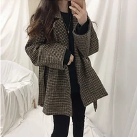 2020 new arrivals retro woolen suit outwear korean chic long sleeved lace up slim waist loose jacket casual lady outwear