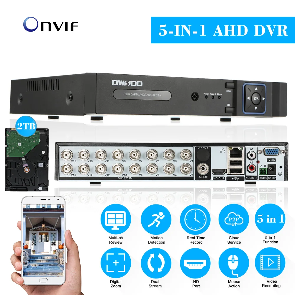 OWSOO 1080N AHD DVR 16CH + 2 ТБ Seagate HDD Onvif телефон управление CCTV рекордер для камеры