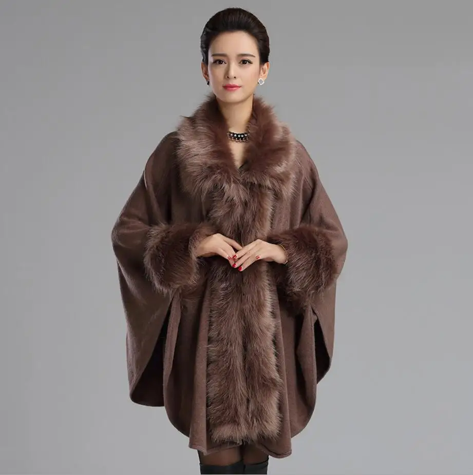 Autumn Women's Long Luxury Cardigans Fake Fox Fur Collar Cashmere Sweaters Shawl Knitted Cardigan Poncho Cape r1784