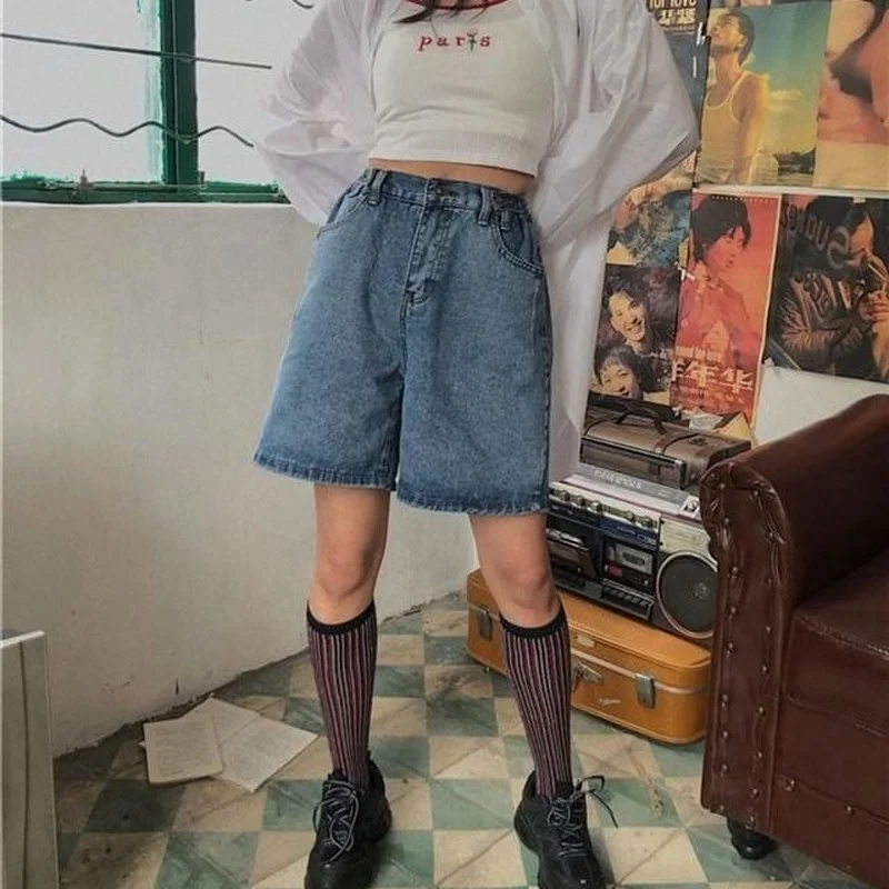 

New Summer Women Shorts Wige Leg Jeans High Waist Button Blue Black Women's Denim Short Midi Length Casual Female Loose Fit 2021