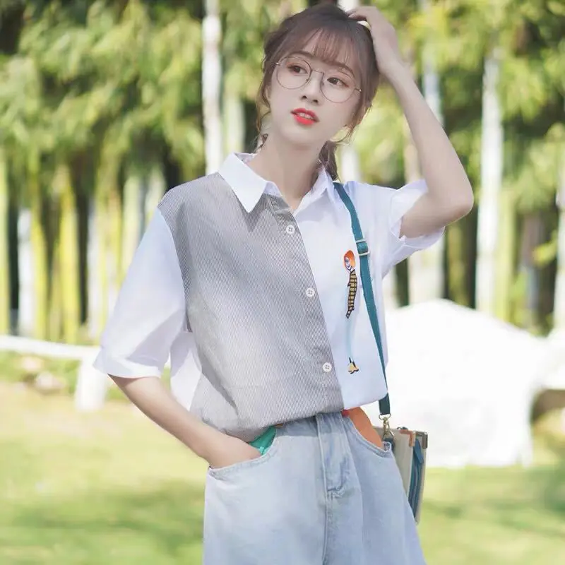 

New Trendy Hong Kong Style Striped Short-Sleeved Shirt For Female Students Korean Loose Asymmetrical Half-Sleeved Shirt Summer