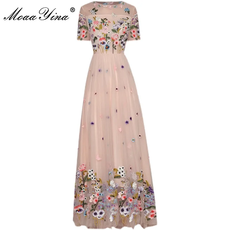 

MoaaYina модное дизайнерское летнее праздничное платье для женщин с коротким рукавом, Сетчатое винтажное платье миди с цветочной вышивкой