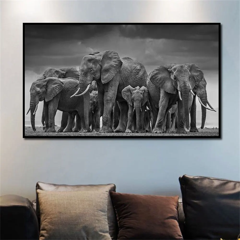 

A Group Of Elephants Gather Canvas Painting Black High Quality Posters And Prints Wall Art Pictures for Living Room Home Decor