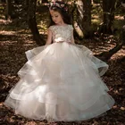 Платье с цветочным узором для девочек цвета шампанского; Пышное Платье без рукавов с кружевной аппликацией; пышные Детские платья для свадьбы; платья для первого причастия