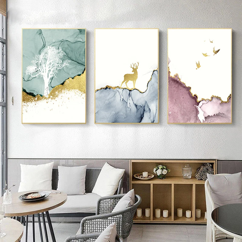 

Abstract Golden Deer Forest Canvas Print Painting Nordic Wall Art Pictures for Living Room Modern Home Decor Posters and Prints